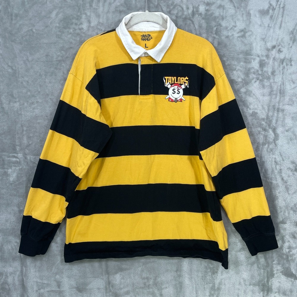 Wiz Khalifa Taylor Gang Men's Large Striped Rugby Polo Shirt Long Sleeve Preppy